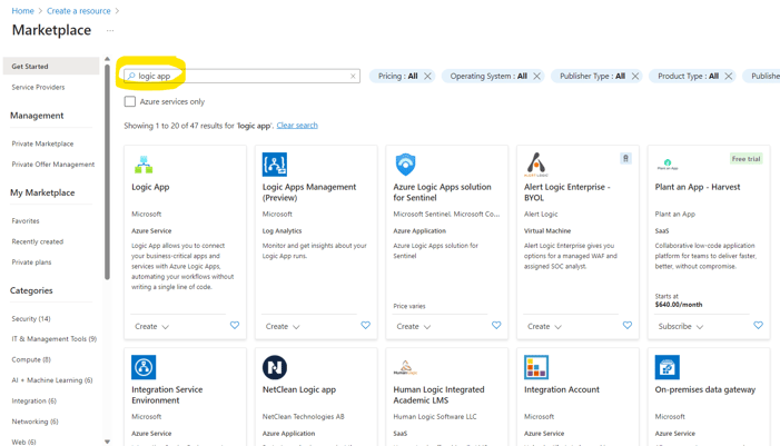 search for logic app in Azure