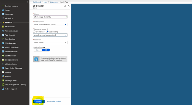 Create logic app button