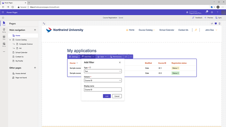 Screen showing adding a metadata filter to a data grid on a webpage in Power Pages design studio.