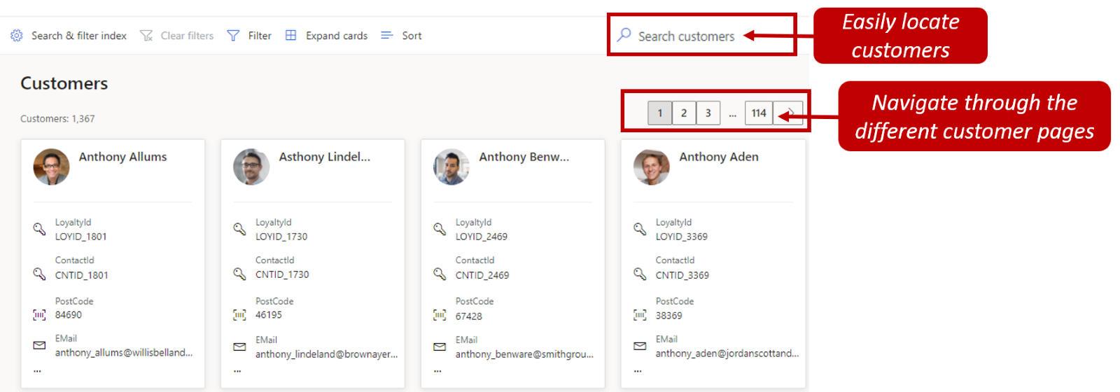 customer search and filter results